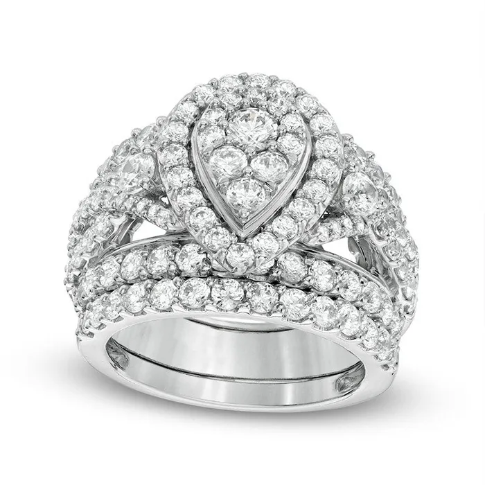 Rings Goldia Previously Owned 30 CT TW Composite Natural Diamond PearShaped Frame Three Piece Bridal Engagement Ring Set in Solid 14K White Gold Rings Goldia Previously Owned 30 CT TW Composite Natural Diamond PearShaped Frame Three Piece Bridal Engagement Ring Set in Solid 14K White Gold