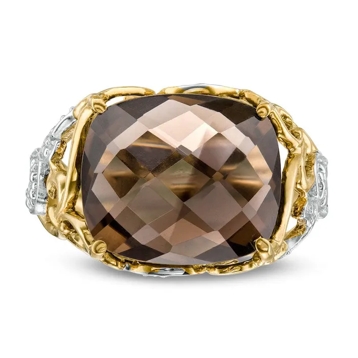 Rings Goldia Sideways CushionCut Smoky Quartz Beaded Filigree Ring in Solid 10K TwoTone Gold Rings Goldia Sideways CushionCut Smoky Quartz Beaded Filigree Ring in Solid 10K TwoTone Gold