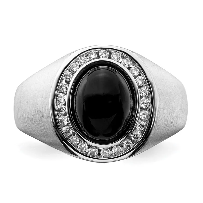 Rings Goldia Solid 14k White Gold Oval Simulated Onyx and CZ Mens Ring
