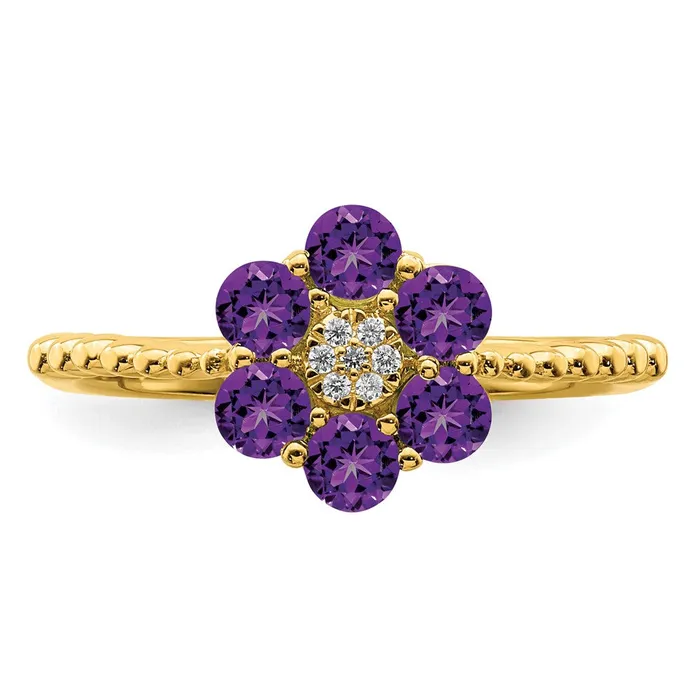 Rings Goldia Solid 14k Yellow Gold Simulated Amethyst and CZ Floral Ring