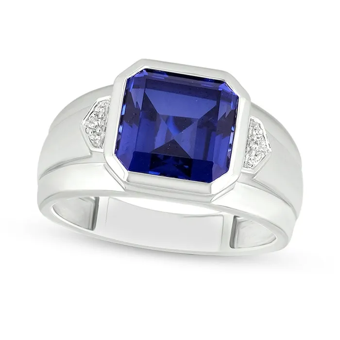 Rings Mens 100mm CushionCut Blue LabCreated Sapphire and Diamond Accent Raised Collar Ring in Sterling Silver Goldia Rings Mens 100mm CushionCut Blue LabCreated Sapphire and Diamond Accent Raised Collar Ring in Sterling Silver Goldia