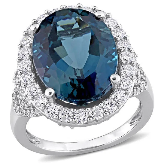 Rings Original Amour 12 CT TGW Oval London Blue Topaz and 1 25 CT TW Diamond Halo Ring in 14k White Gold JMS always Rings Original Amour 12 CT TGW Oval London Blue Topaz and 1 25 CT TW Diamond Halo Ring in 14k White Gold JMS always