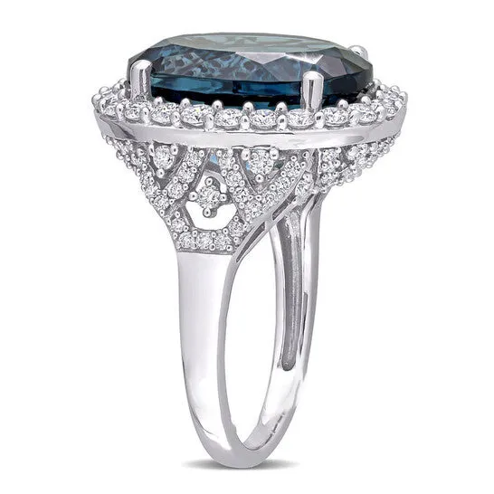 Rings Original Amour 12 CT TGW Oval London Blue Topaz and 1 25 CT TW Diamond Halo Ring in 14k White Gold JMS always Rings Original Amour 12 CT TGW Oval London Blue Topaz and 1 25 CT TW Diamond Halo Ring in 14k White Gold JMS always