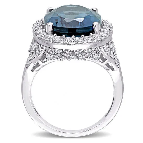 Rings Original Amour 12 CT TGW Oval London Blue Topaz and 1 25 CT TW Diamond Halo Ring in 14k White Gold JMS always Rings Original Amour 12 CT TGW Oval London Blue Topaz and 1 25 CT TW Diamond Halo Ring in 14k White Gold JMS always