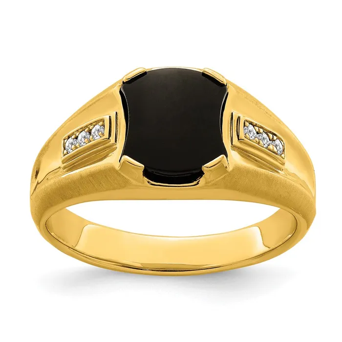 Rings Solid 14k Yellow Gold Simulated Onyx and CZ Mens Ring Goldia