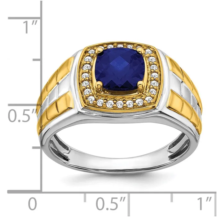 Solid 14k Twotone Created Simulated Sapphire and CZ Mens Ring Goldia Rings
