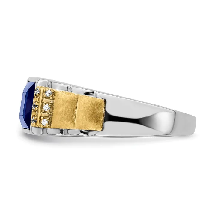 Solid 14k Twotone Created Simulated Sapphire and CZ Mens Ring Goldia Rings