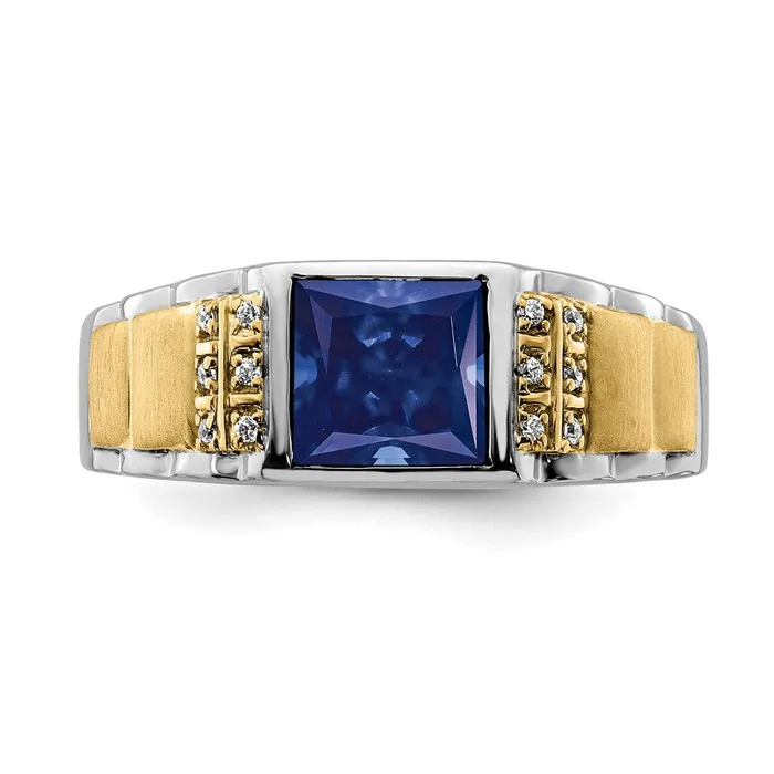 Solid 14k Twotone Created Simulated Sapphire and CZ Mens Ring Goldia Rings