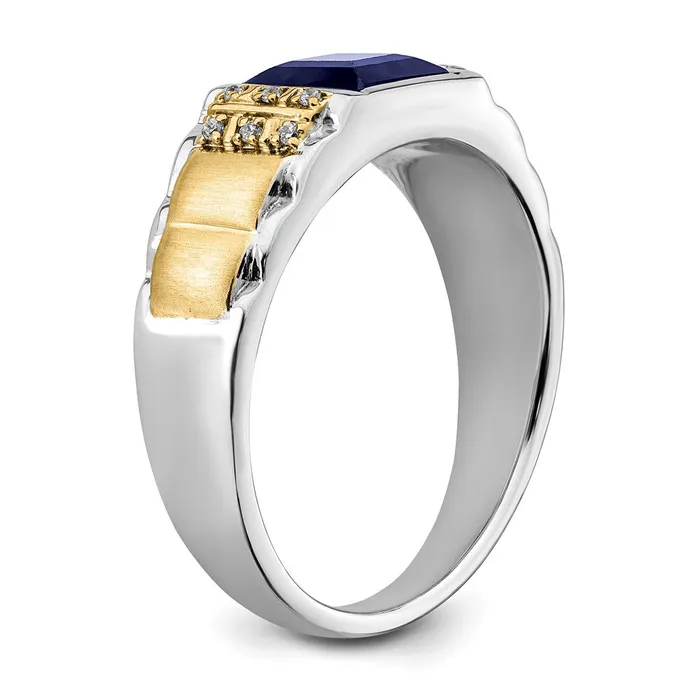Solid 14k Twotone Created Simulated Sapphire and CZ Mens Ring Goldia Rings