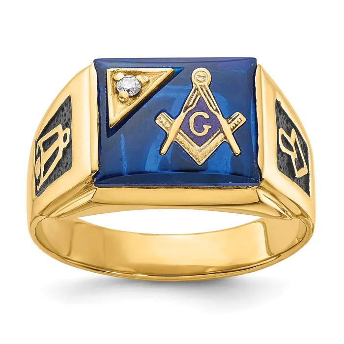 Solid 14k Yellow Gold AA Simulated CZ Mens Masonic Ring Goldia Rings