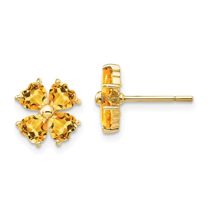 Solid 14k Yellow Gold Heartshaped Simulated Citrine Flower Post Earrings Goldia Earrings