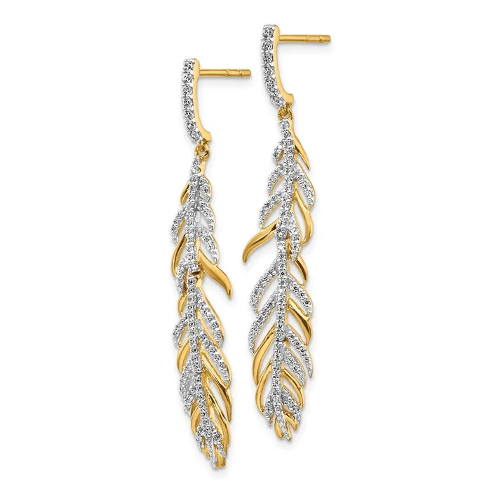 Solid 14k Yellow Gold Simulated CZ Fancy Feather Earrings Goldia Earrings