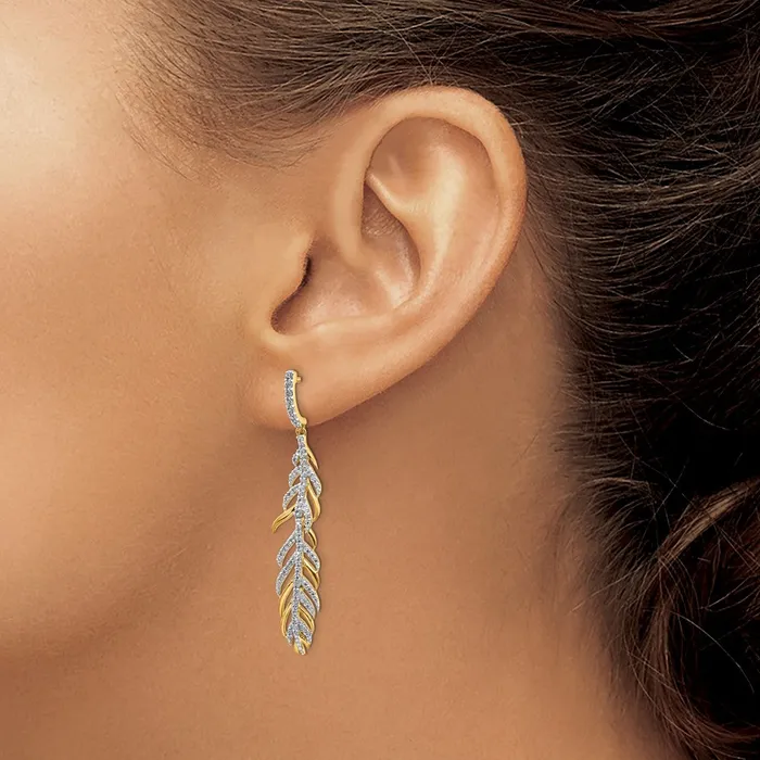 Solid 14k Yellow Gold Simulated CZ Fancy Feather Earrings Goldia Earrings