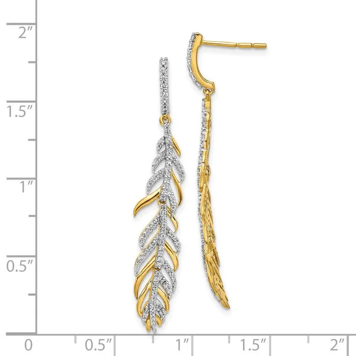 Solid 14k Yellow Gold Simulated CZ Fancy Feather Earrings Goldia Earrings