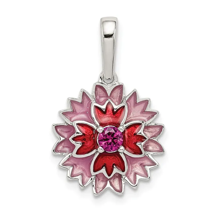 Sterling Silver Created Ruby and Enamel Flower Pendant Goldia Necklaces