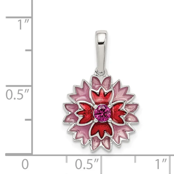 Sterling Silver Created Ruby and Enamel Flower Pendant Goldia Necklaces