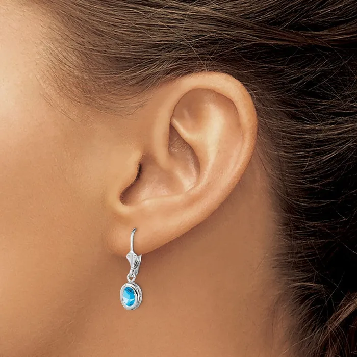Sterling Silver Rhodium Plated 7x5mm Oval Blue Topaz Leverback Earrings Goldia Earrings