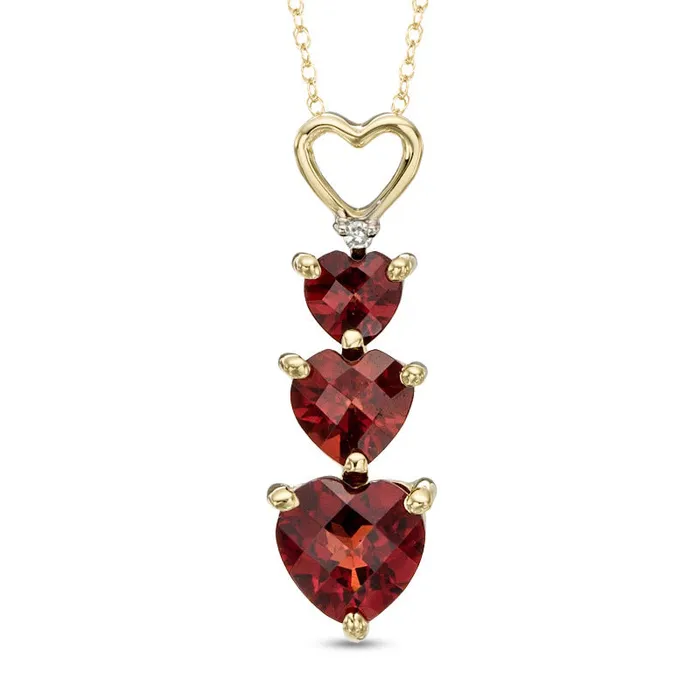 Triple HeartShaped Garnet and Natural Diamond Accent Pendant in 10K Yellow Gold Goldia Necklaces Triple HeartShaped Garnet and Natural Diamond Accent Pendant in 10K Yellow Gold Goldia Necklaces