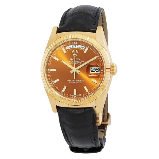 Watches JMS always Original Rolex Day Date Cognac Dial 18K Yellow Gold Leather Mens Watch 118138COL